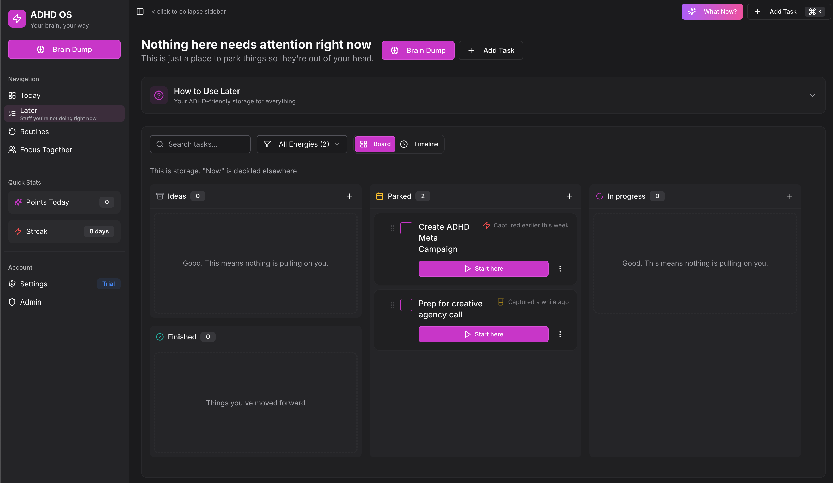 Later page - Kanban board for parking tasks
