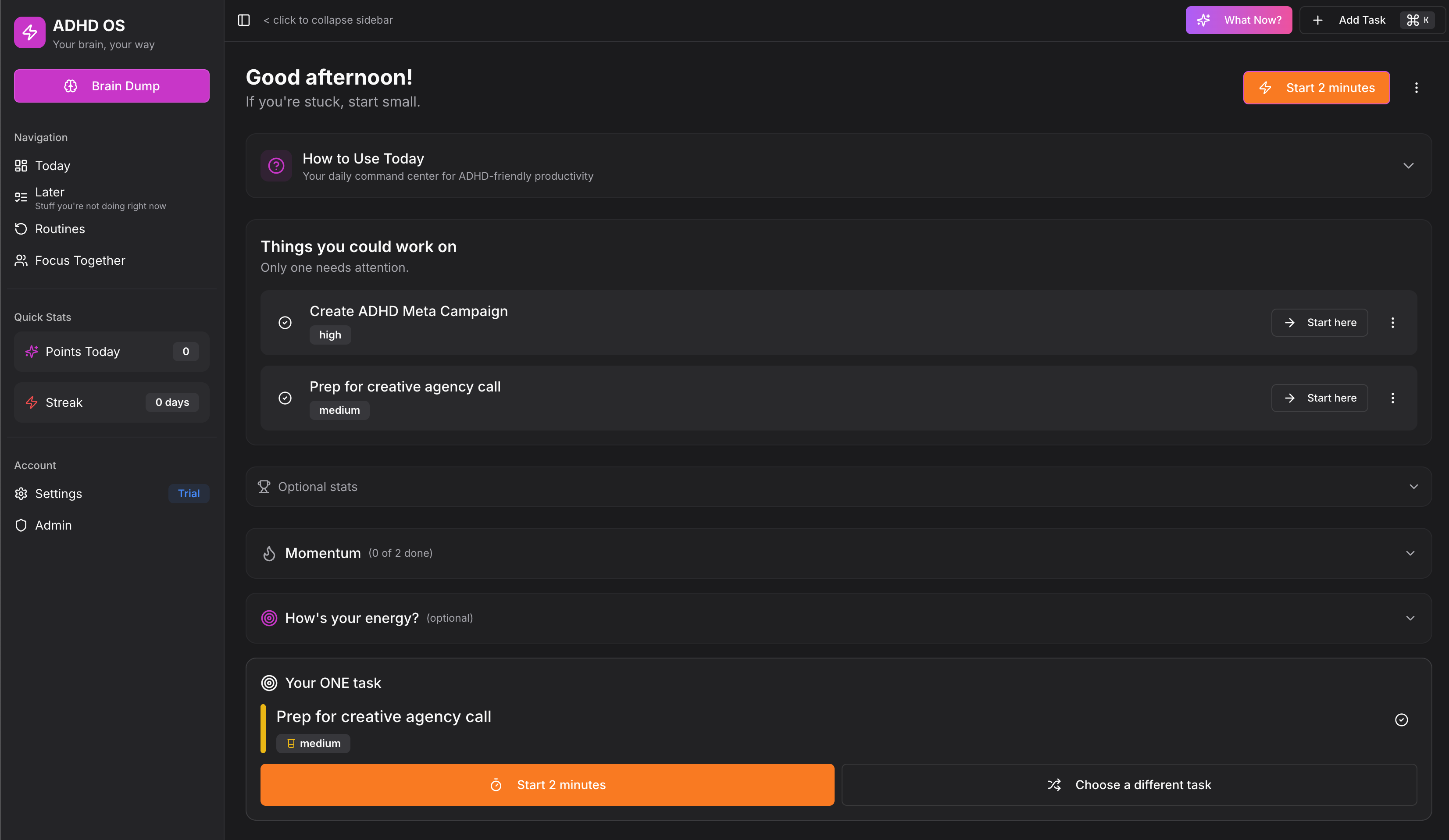 Today page - Your daily command center with energy-based task management